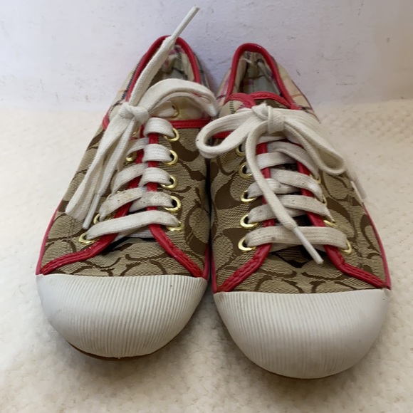 Rare Coach Zorra Brown & Hot Pink Plaid Signature Print Lace Up Sneakers 6.5 B - Picture 3 of 8